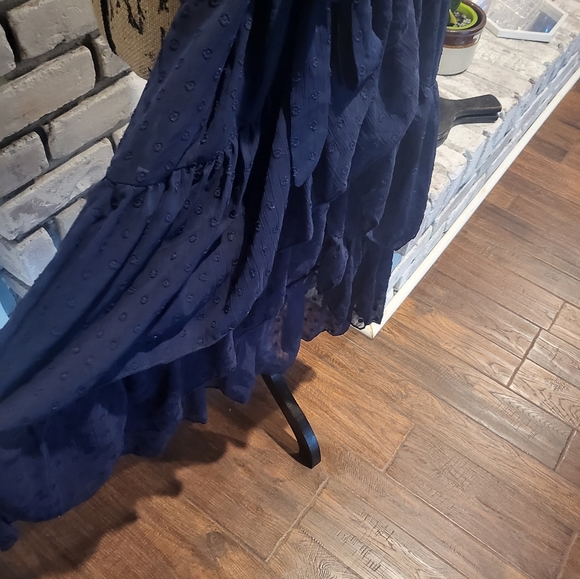 Lulu's Have Harmony Navy Blue Swiss Dot Ruffled Faux Wrap Midi Dress  sz Lrg NWT - Picture 3 of 11